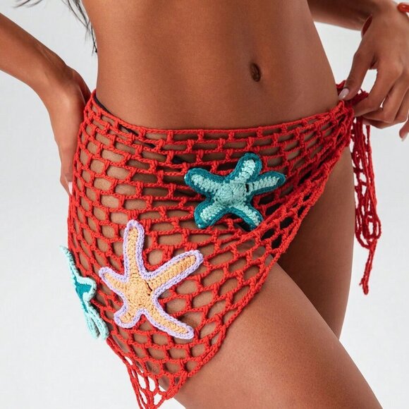 Red Women's Swim Sexy Crochet Hollow Out Starfish Pattern Beach Cover Up - Picture 6 of 7